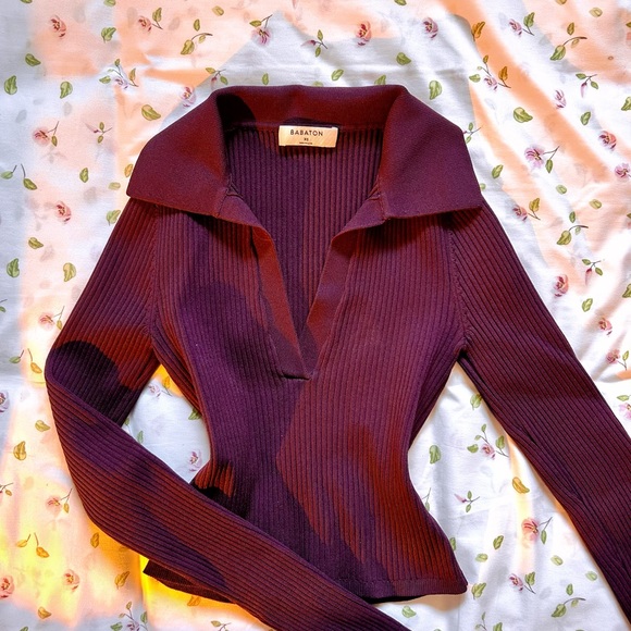 Babaton Tops - Babaton Ribbed Sculpt Knit Polo Top - Purple Size XS
